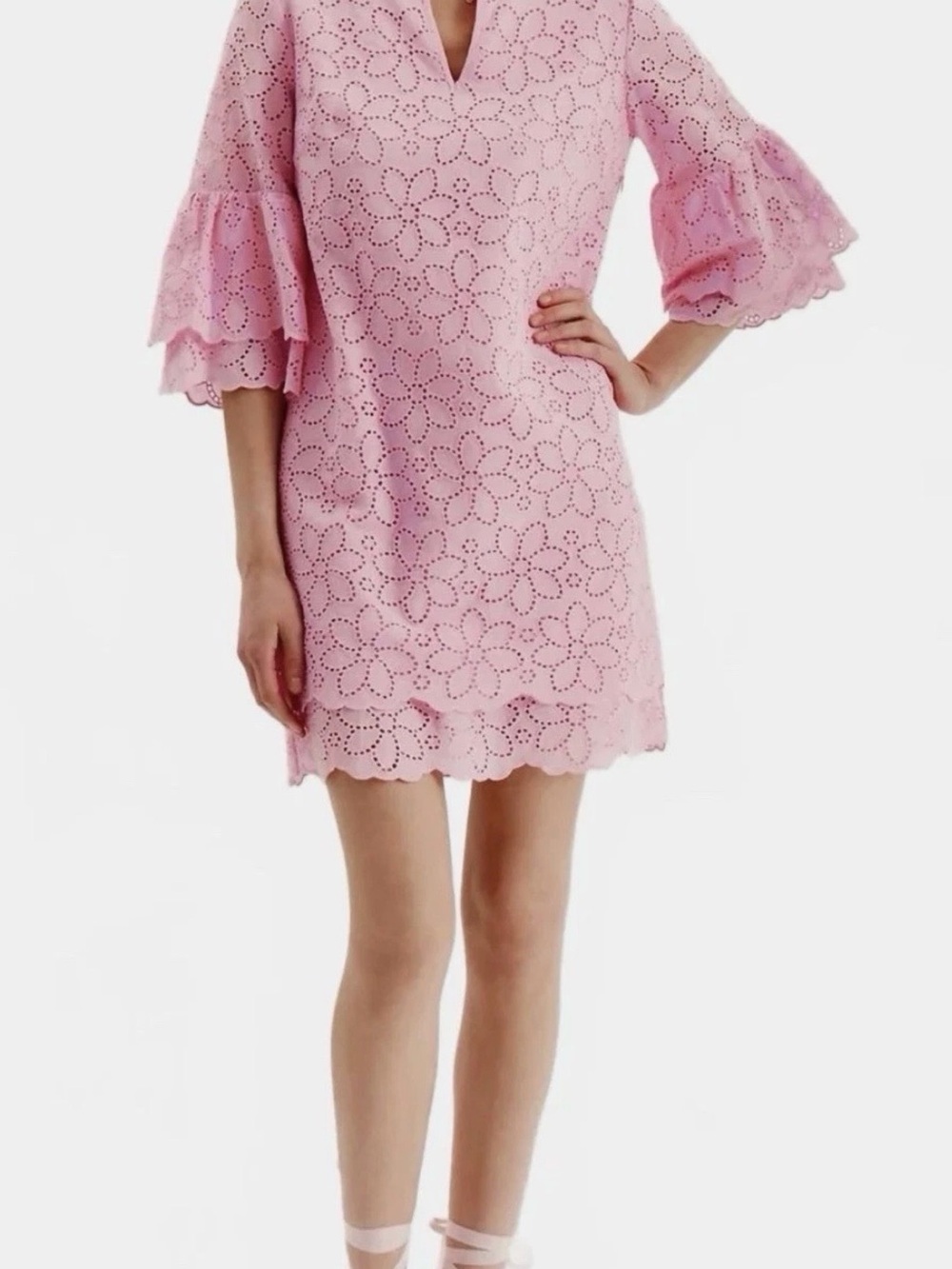 Tyler Boe Pink Eyelet Lace Flutter Sleeve Mini Dress